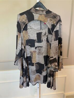 IC by Connie K Tunic 3X Blouse Top Abstract Gray Black Casual Career